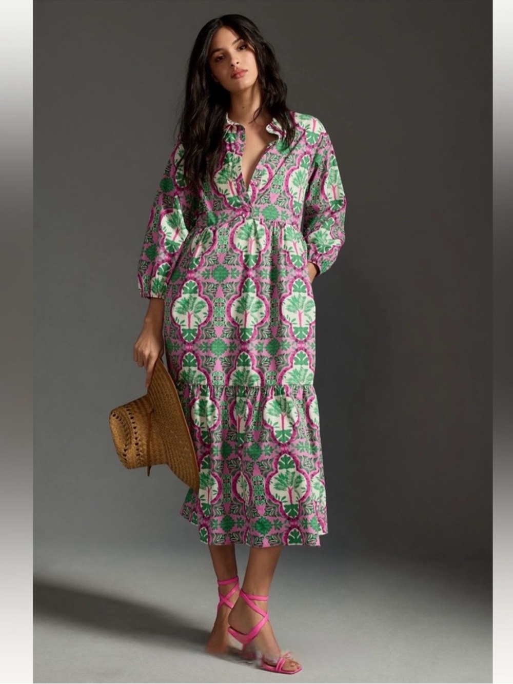 Maeve Anthropologie Bettina Shirt Dress Small Pink Green Botanical Tiered Boho
